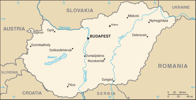 Political map of Hungary showing major cities.