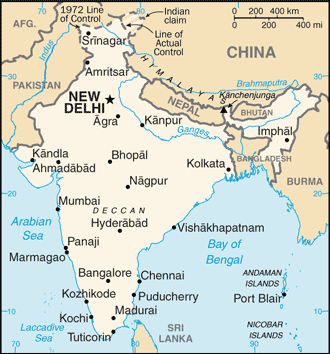 Political map of India Country Profile showing major cities.
