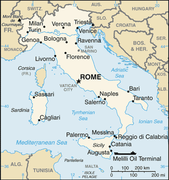 Political map of Italy Country Profile showing major cities.