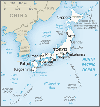 Political map of Japan showing major cities.