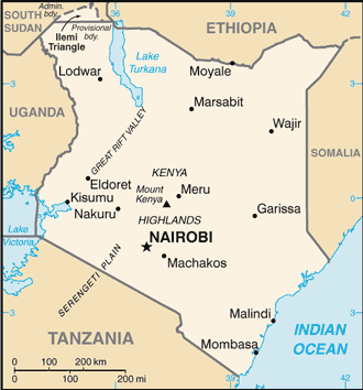 Political map of Kenya showing major cities.