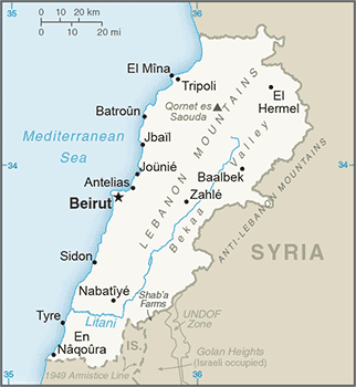 Political map of Lebanon showing major cities.