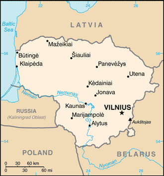 Political map of Lithuania showing major cities.