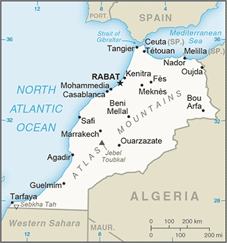 Political map of Morocco showing major cities.