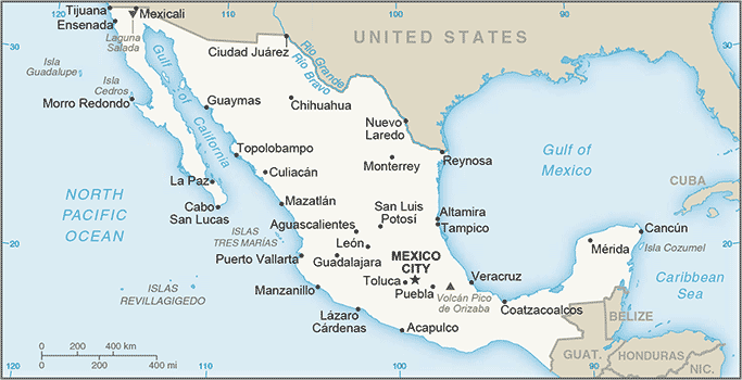Political map of Mexico showing major cities.