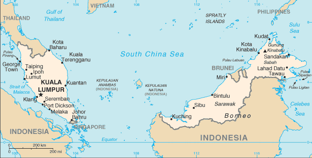 Political map of Malaysia Country Profile showing major cities.