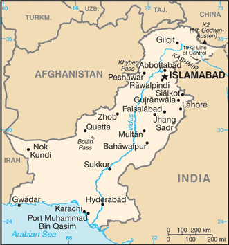 Political map of Pakistan showing major cities.