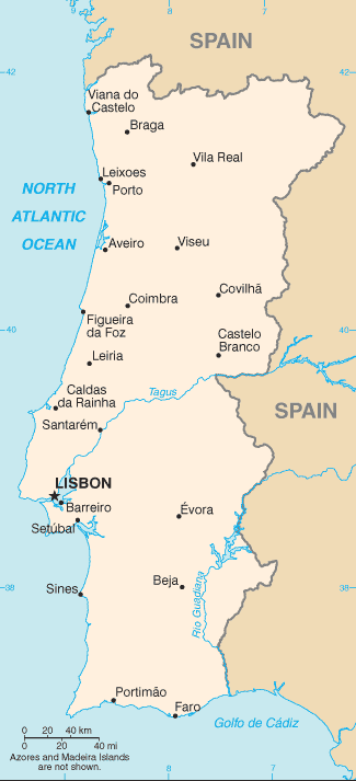 Political map of Portugal showing major cities.