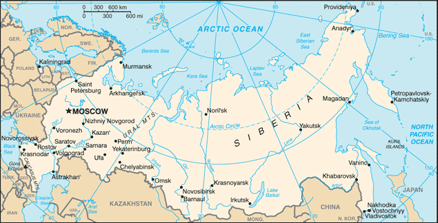 Political map of Russia showing major cities.