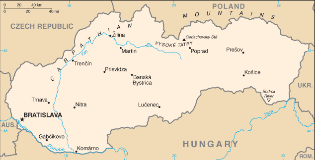 Political map of Slovakia showing major cities.