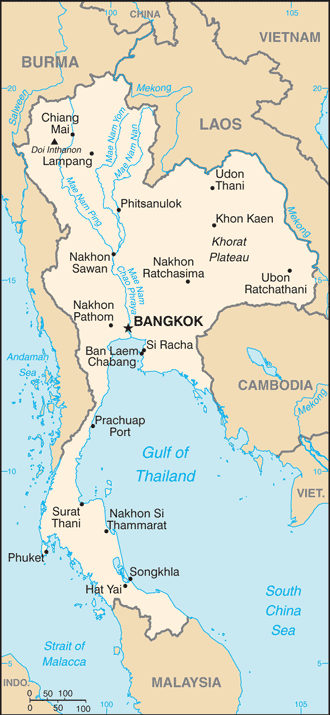 Political map of Thailand showing major cities.