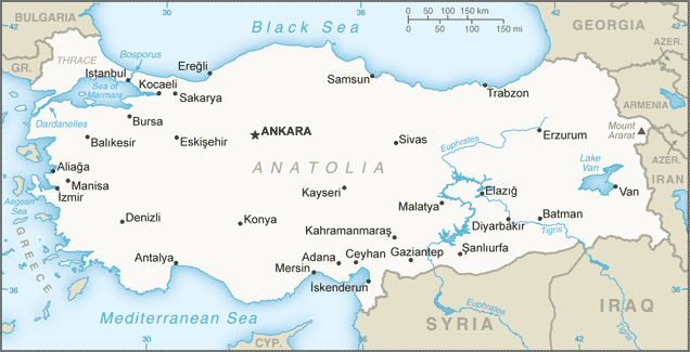Political map of Turkey showing major cities.