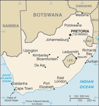 Political map of South Africa Country Profile showing major cities.